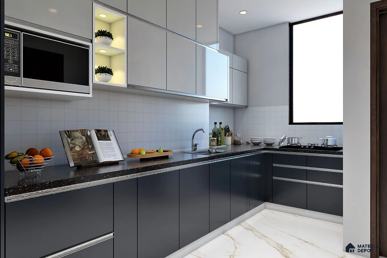 Modern kitchen with glossy grey and white laminate cabinets, black quartz countertop, and marble-look floor tile in Bengaluru | Material Depot