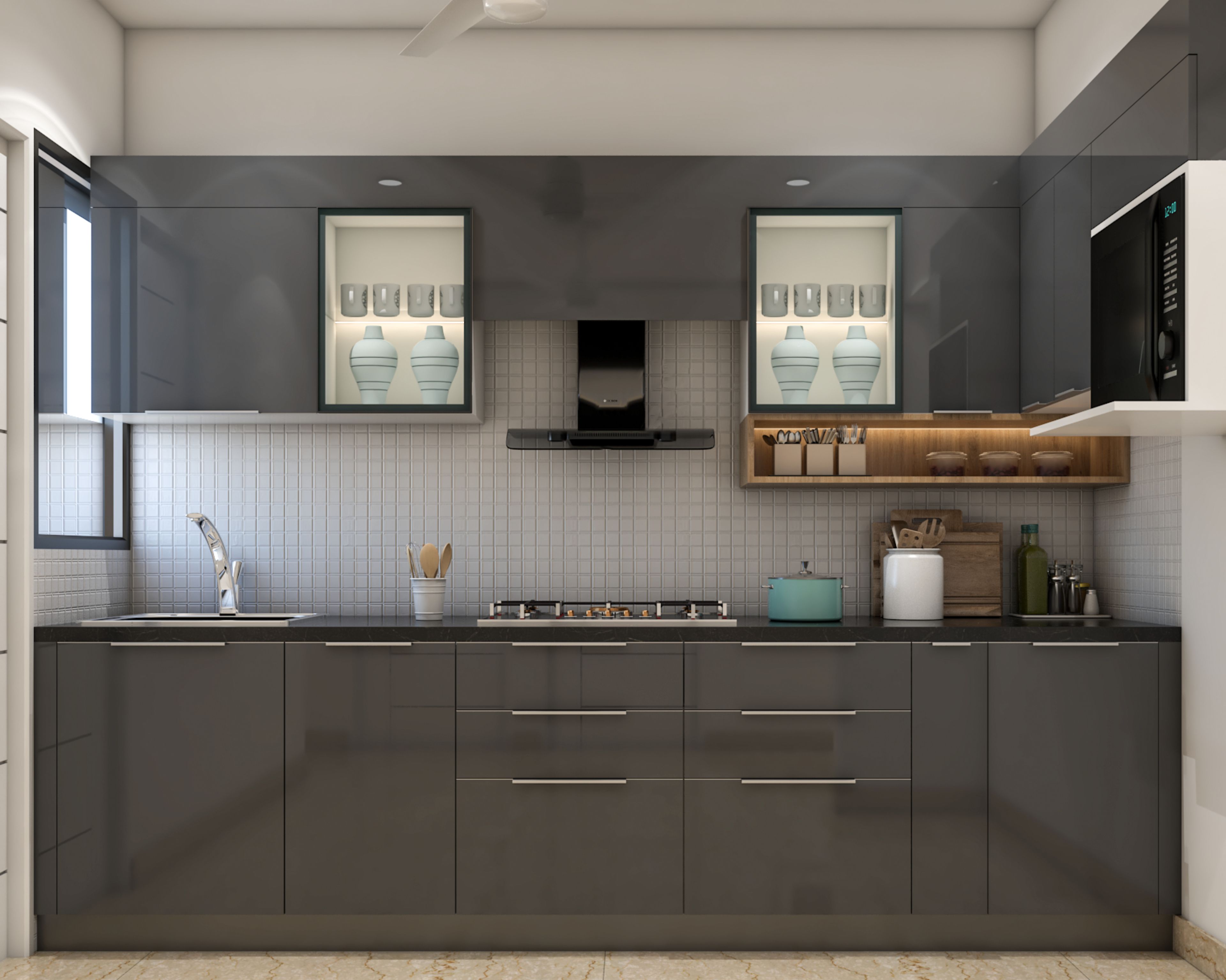 Modern kitchen with glossy grey laminate cabinets and white mosaic tile backsplash in Bengaluru | Material Depot