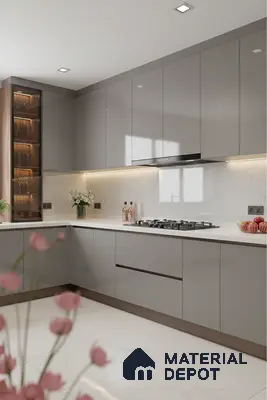 Modern kitchen with glossy grey laminate cabinets, white marble-look backsplash, and white marble floor tiles in Bengaluru