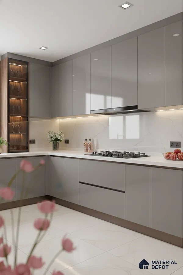 Modern kitchen with glossy grey laminate cabinets, white marble-look backsplash, and white marble floor tiles in Bengaluru