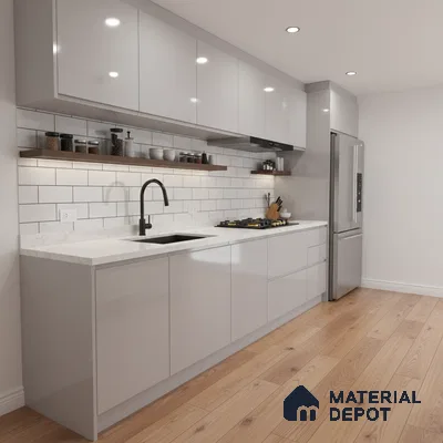 Modern kitchen with glossy grey laminate cabinets, white marble-look quartz countertop, and subway backsplash tiles in Bengaluru