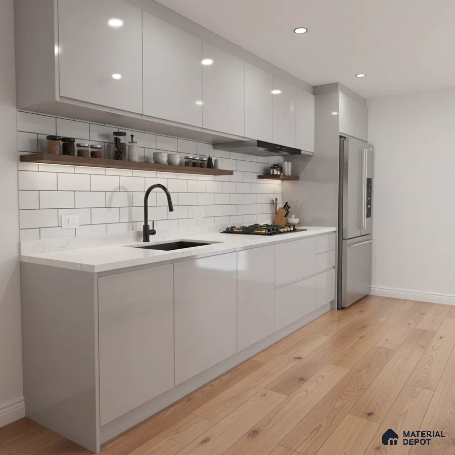 Modern kitchen with glossy grey laminate cabinets, white marble-look quartz countertop, and subway backsplash tiles in Bengaluru