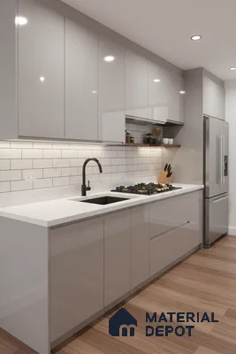 Modern kitchen with glossy grey laminate cabinets, white marble-look quartz countertop, and subway tile backsplash in Bengaluru