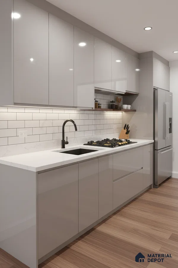 Modern kitchen with glossy grey laminate cabinets, white marble-look quartz countertop, and subway tile backsplash in Bengaluru