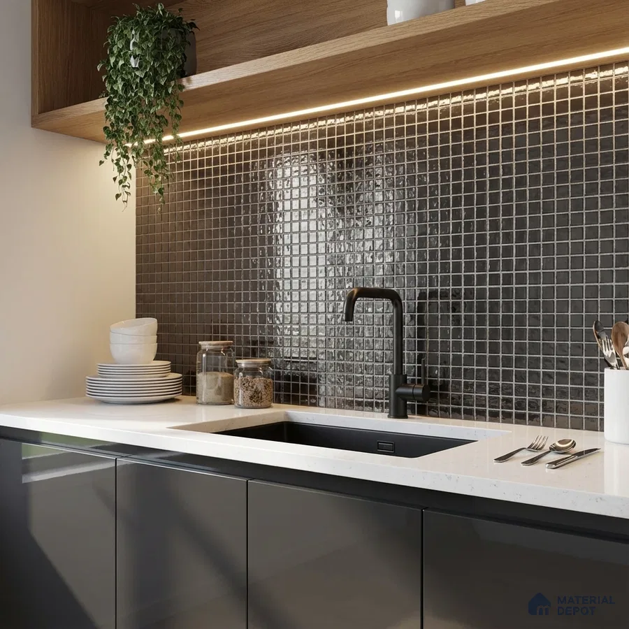 Modern kitchen with glossy grey laminate cabinets, white quartz countertop, and black mosaic backsplash tiles