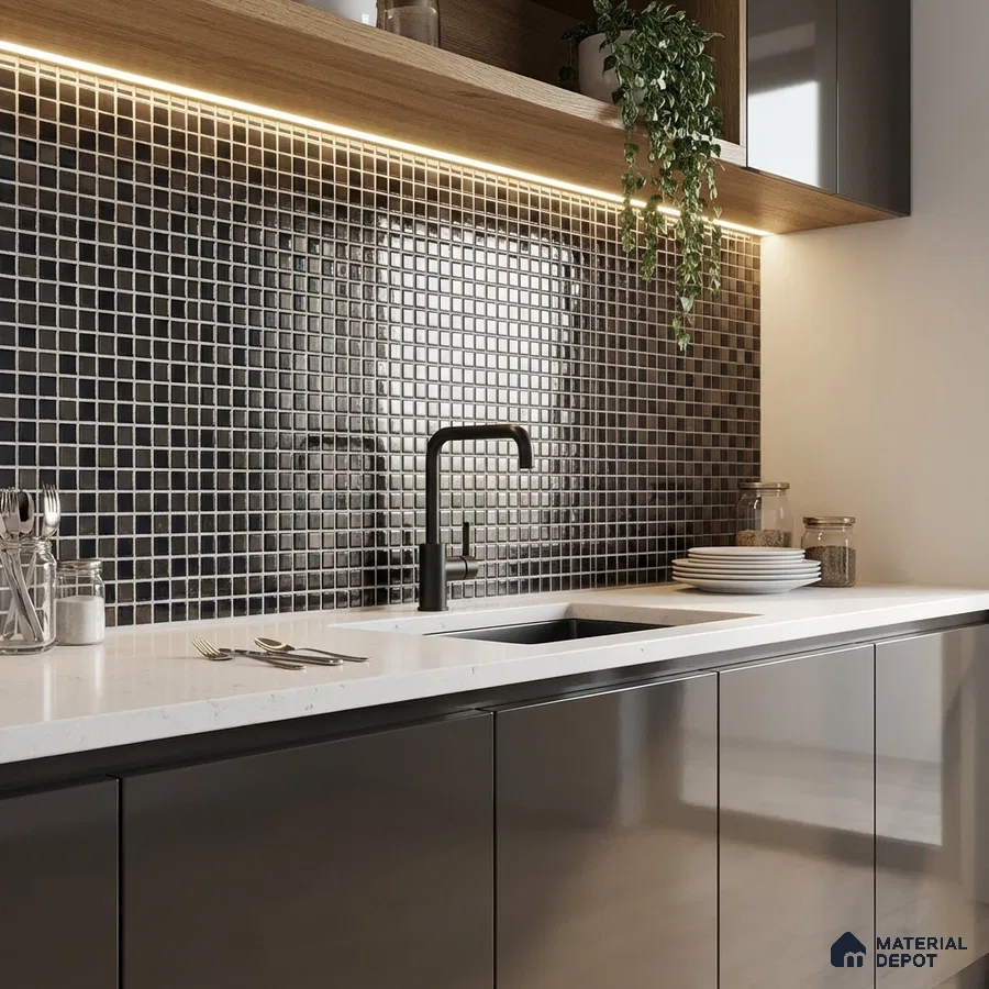 Modern kitchen with glossy grey laminate cabinets, white quartz countertop, and black mosaic backsplash tiles