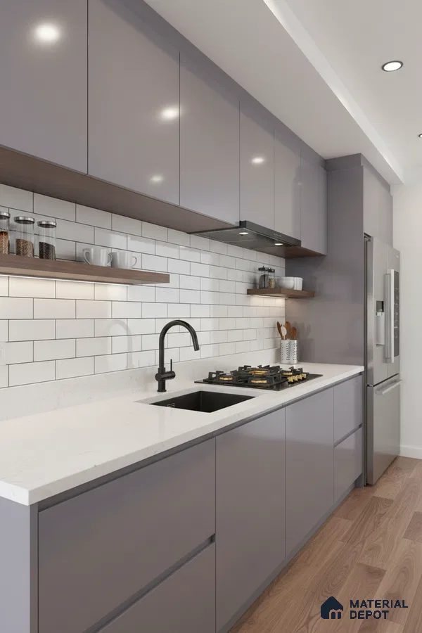 Modern kitchen with glossy grey laminate cabinets, white quartz countertop, and white subway backsplash tiles in Bengaluru