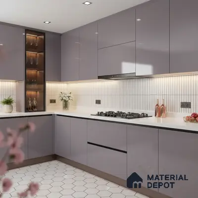Modern kitchen with glossy lavender laminate cabinets, white quartz countertop, and white hexagonal floor tiles in Bengaluru