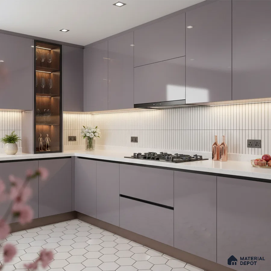 Modern kitchen with glossy lavender laminate cabinets, white quartz countertop, and white hexagonal floor tiles in Bengaluru