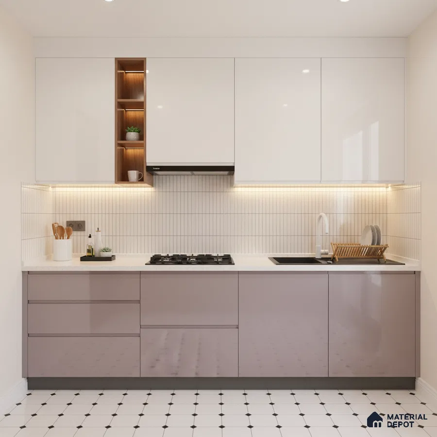 Modern kitchen with glossy mauve laminate, frosty white laminate, white quartz countertop, and vertical subway backsplash tile in Bengaluru