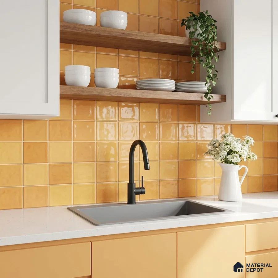 Modern kitchen with glossy mustard yellow square backsplash tiles and white quartz countertop