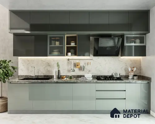 Modern kitchen with glossy olive green laminate cabinets and marble-look backsplash in Bengaluru | Material Depot