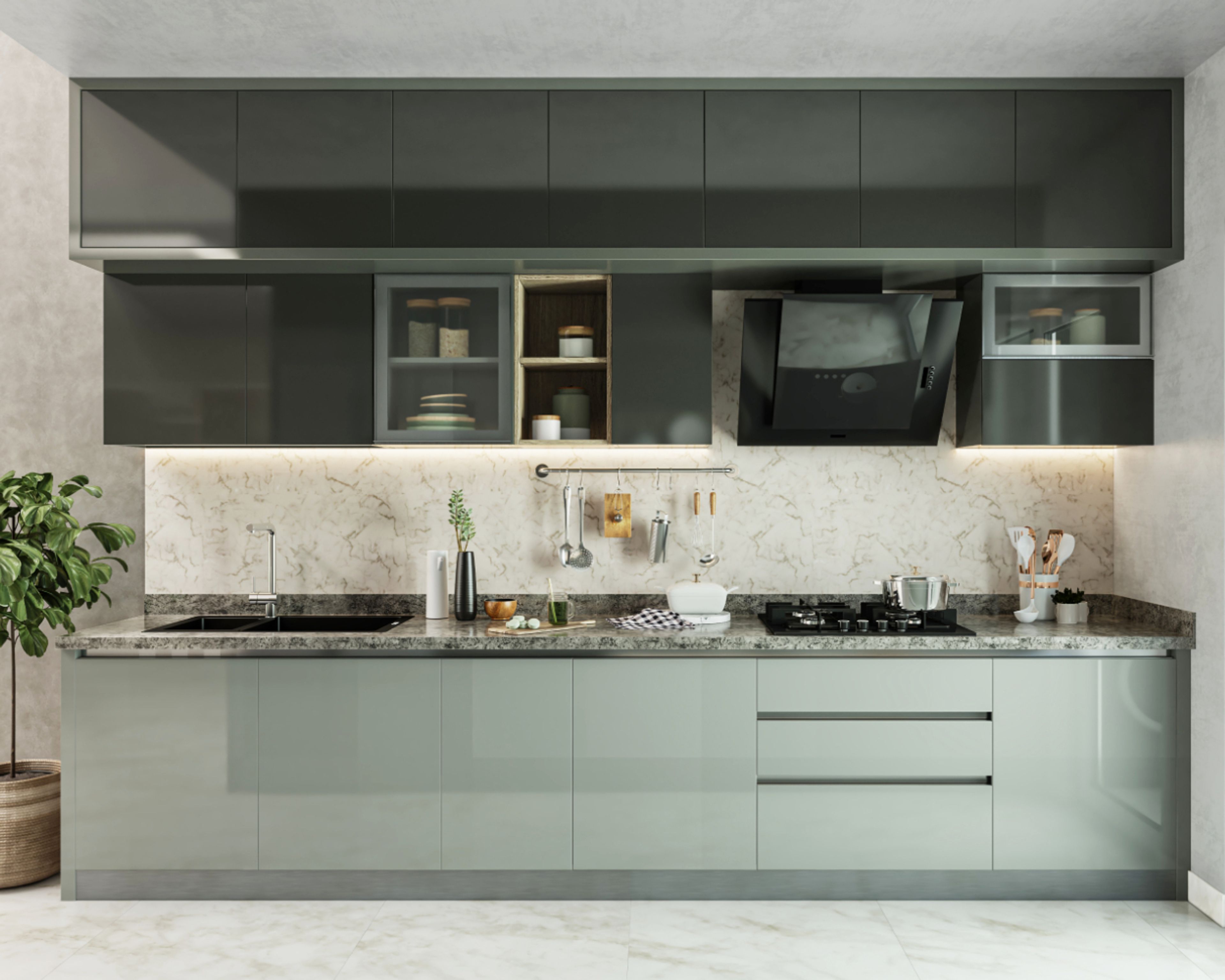 Modern kitchen with glossy olive green laminate cabinets and marble-look backsplash in Bengaluru | Material Depot