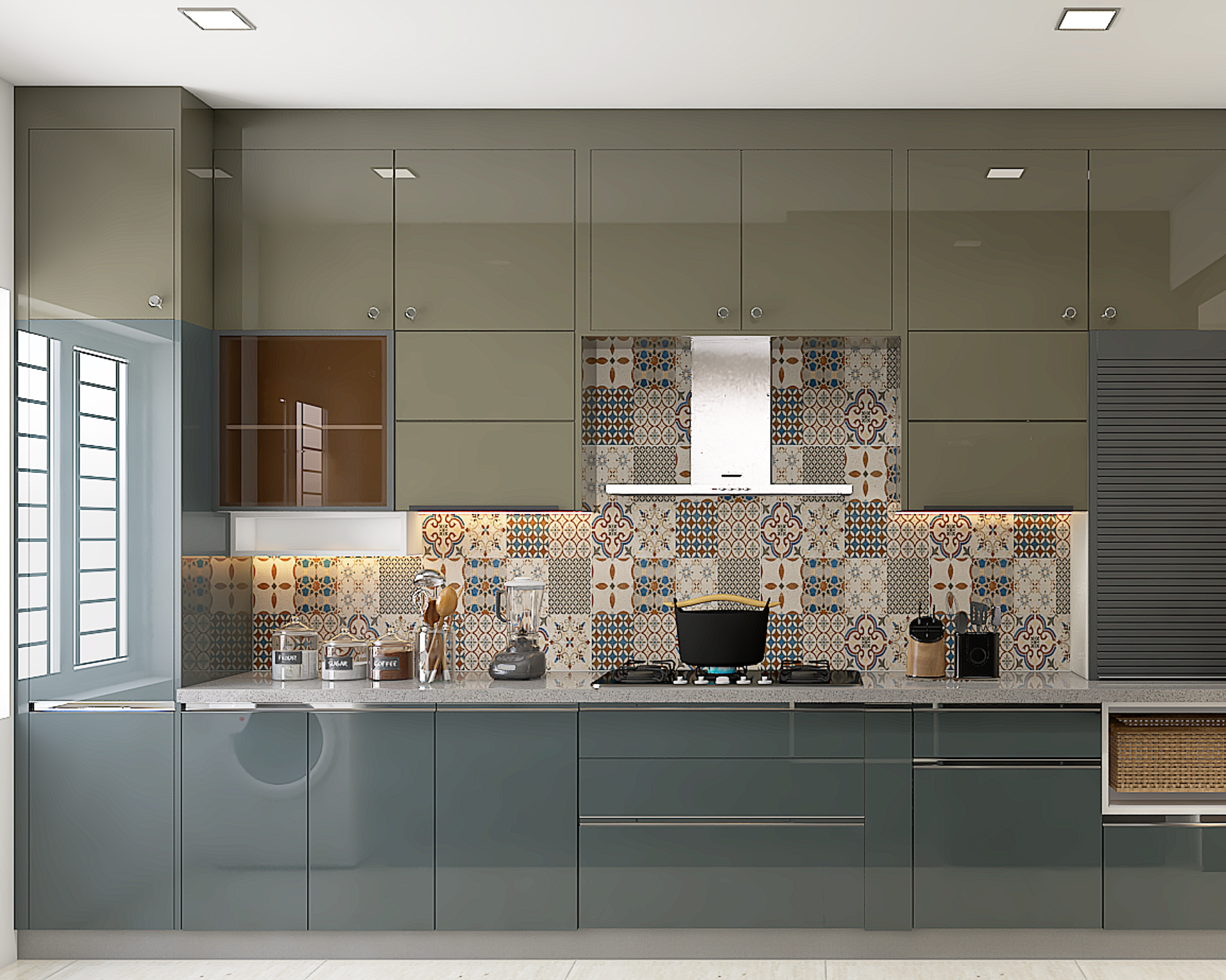 Modern kitchen with glossy olive green laminate cabinets and patterned moroccan backsplash tiles in Bengaluru | Material Depot