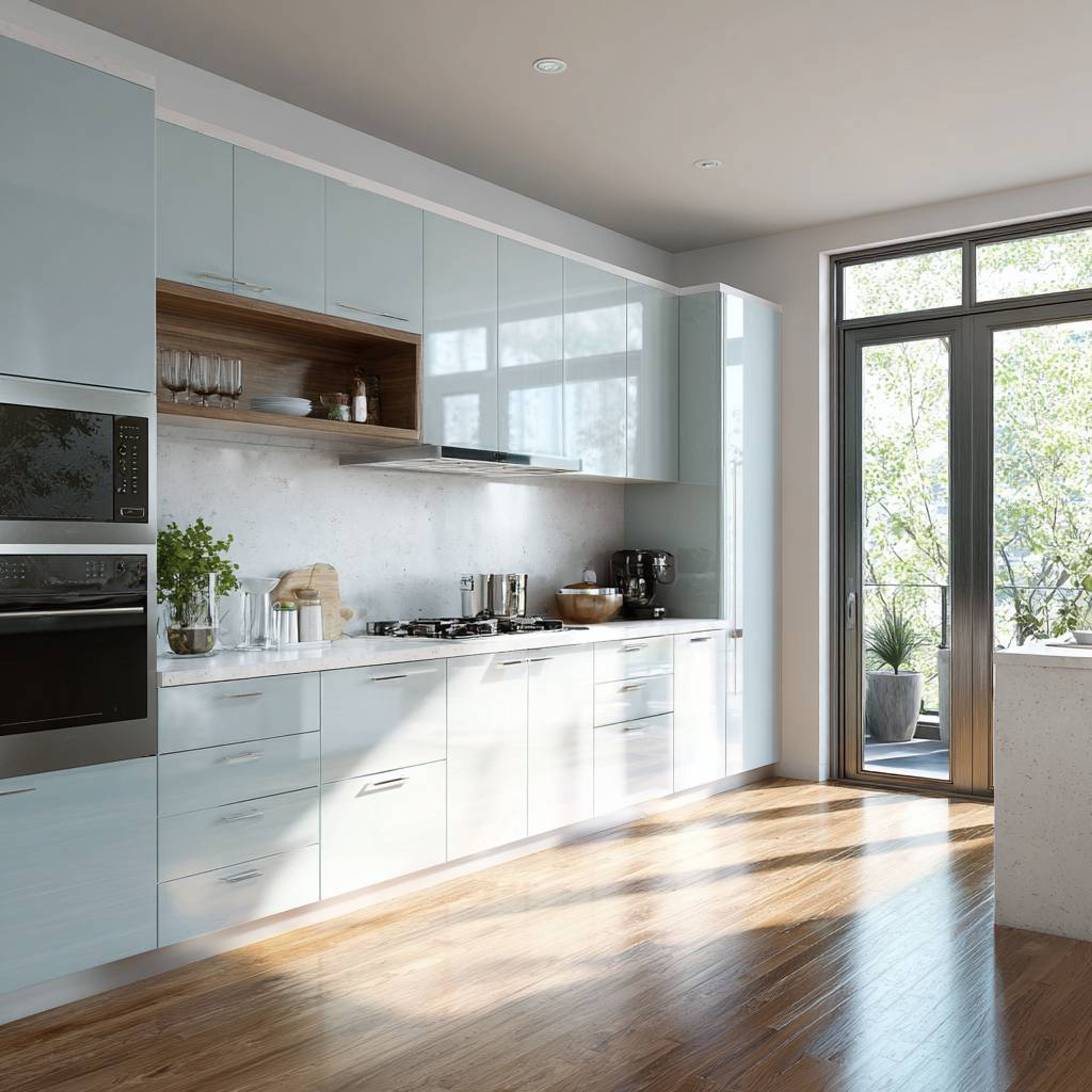 Modern kitchen with glossy pastel blue laminate, white quartz countertop, and natural wood open shelf in Bengaluru | Material Depot