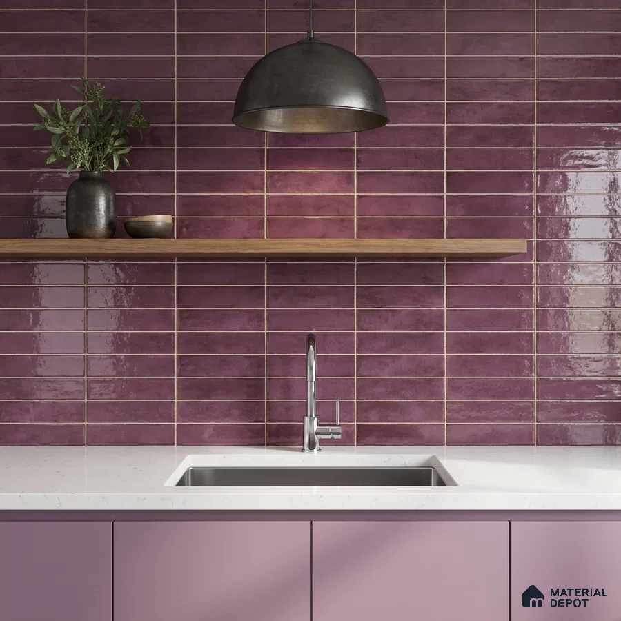 Modern kitchen with glossy plum subway wall tiles, pastel mauve laminate cabinets, and white quartz countertop