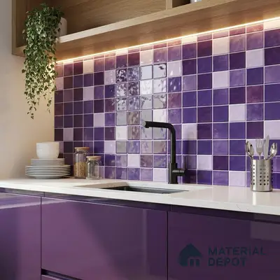 Modern kitchen with glossy purple laminate cabinets and purple square backsplash tiles