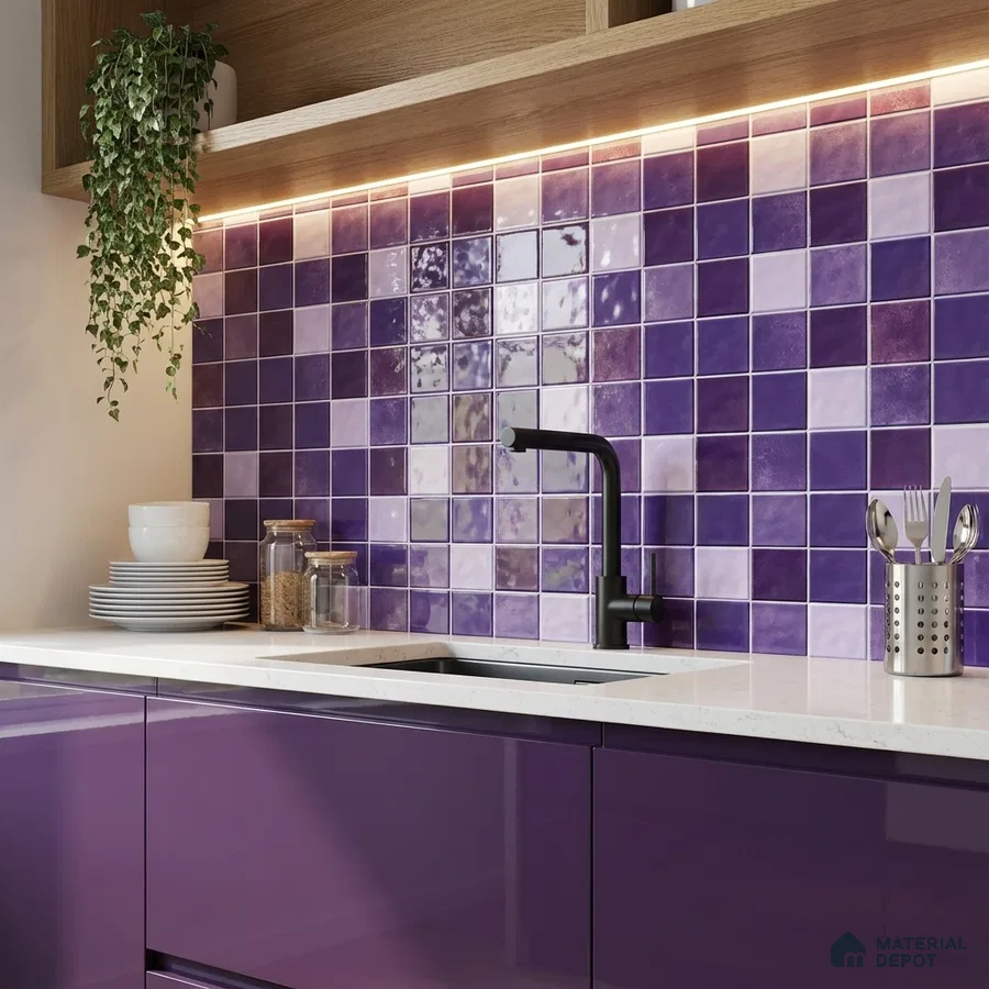 Modern kitchen with glossy purple laminate cabinets and purple square backsplash tiles