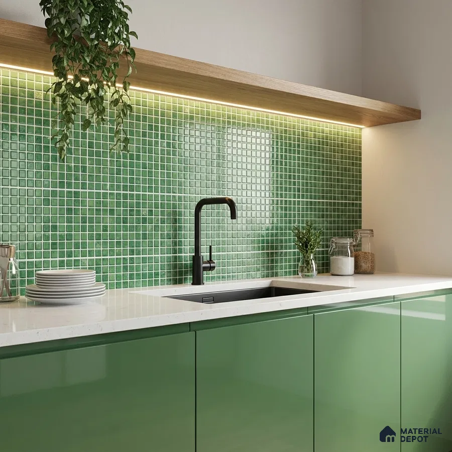 Modern kitchen with glossy sage green laminate cabinets and green mosaic backsplash tiles