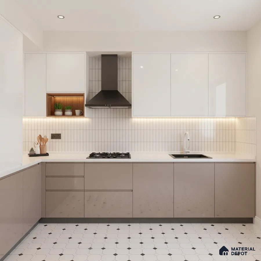 Modern kitchen with glossy taupe and frosty white laminate, white quartz countertop, and geometric floor tile in Bengaluru
