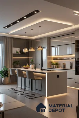 Modern kitchen with glossy taupe and grey laminate, white quartz countertop, and integrated LED lighting in Bengaluru | Material Depot