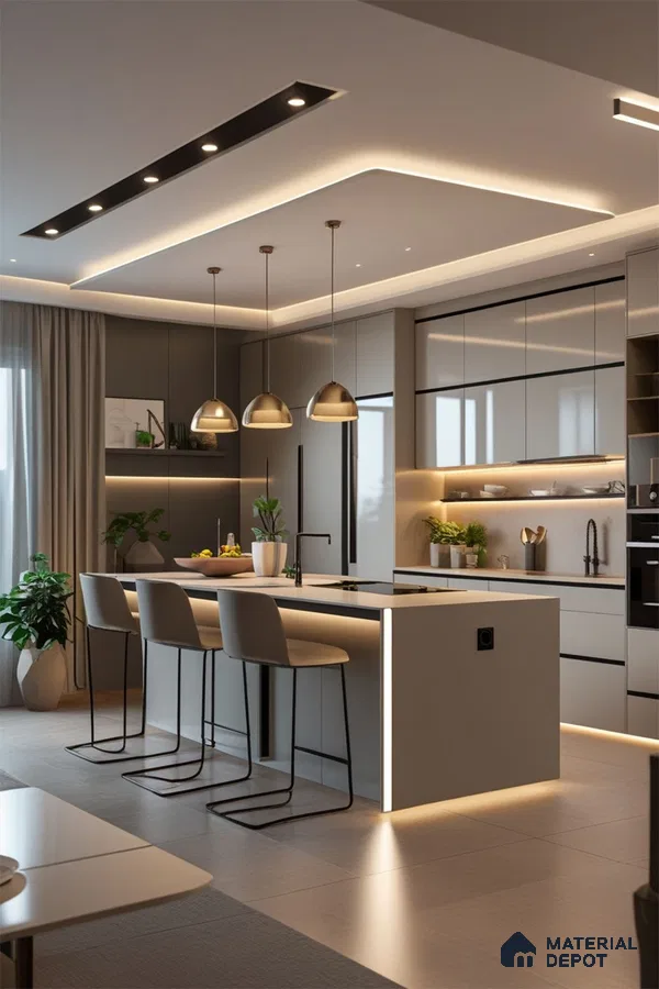Modern kitchen with glossy taupe and grey laminate, white quartz countertop, and integrated LED lighting in Bengaluru | Material Depot