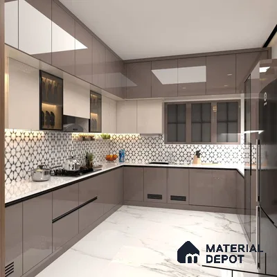 Modern kitchen with glossy taupe and white laminate, geometric patterned backsplash tile, and marble-look floor tile in Bengaluru | Material Depot