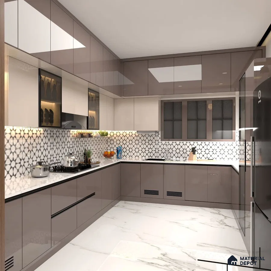 Modern kitchen with glossy taupe and white laminate, geometric patterned backsplash tile, and marble-look floor tile in Bengaluru | Material Depot