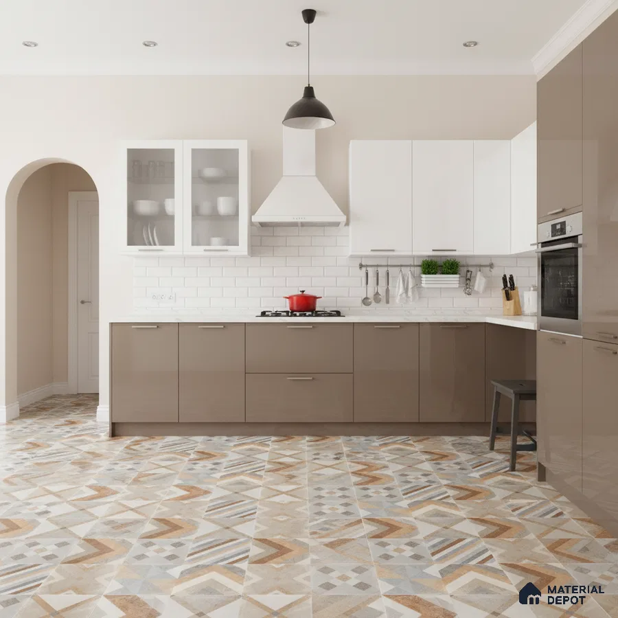 Modern kitchen with glossy taupe and white laminate, subway backsplash tile, and geometric patterned floor tiles in Bengaluru