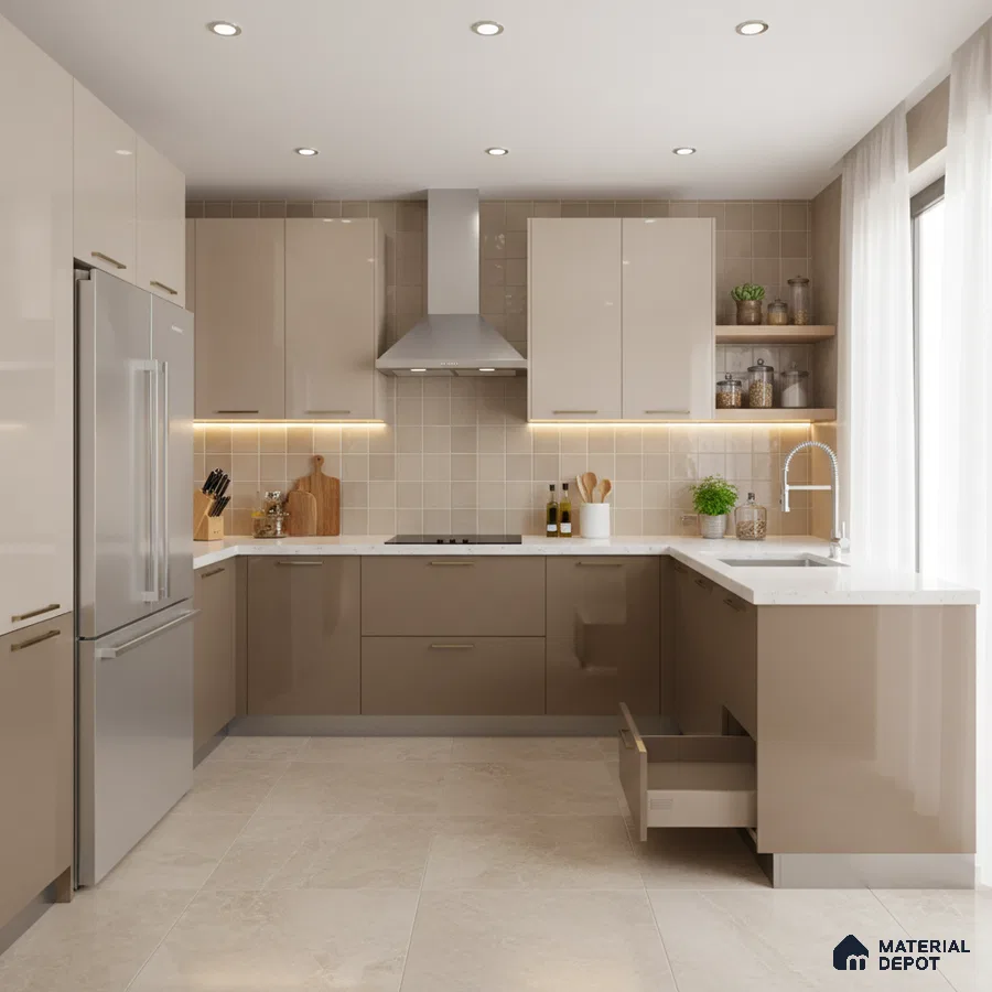 Modern kitchen with glossy taupe laminate cabinets, beige ceramic backsplash tiles, and white quartz countertop in Bengaluru