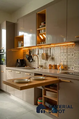 Modern kitchen with glossy taupe laminate cabinets, patterned ceramic backsplash tiles, and white quartz countertop in Bengaluru | Material Depot