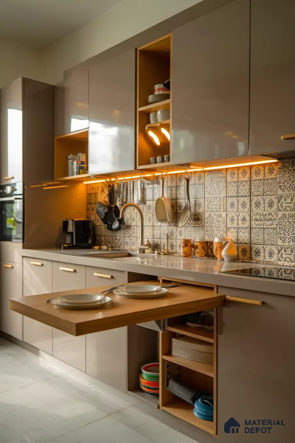 Modern kitchen with glossy taupe laminate cabinets, patterned ceramic backsplash tiles, and white quartz countertop in Bengaluru | Material Depot
