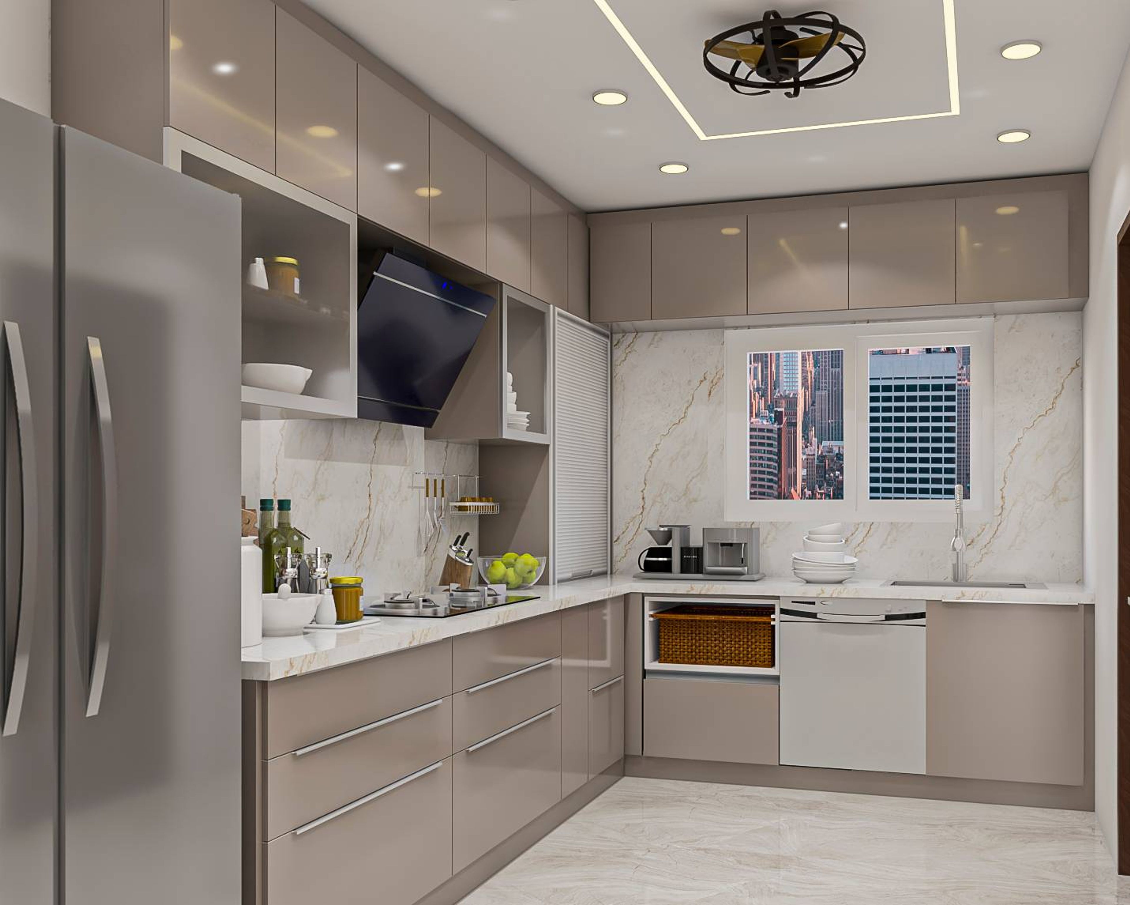 Modern kitchen with glossy taupe laminate cabinets, white marble-look backsplash, and quartz countertop in Bengaluru | Material Depot
