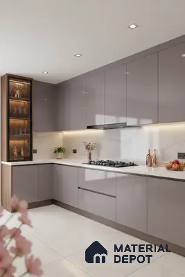 Modern kitchen with glossy taupe laminate cabinets, white marble-look backsplash, and white marble floor tiles in Bengaluru