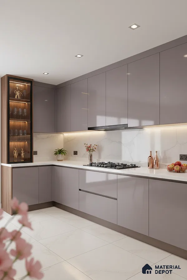 Modern kitchen with glossy taupe laminate cabinets, white marble-look backsplash, and white marble floor tiles in Bengaluru