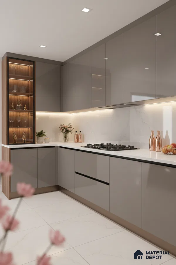 Modern kitchen with glossy taupe laminate cabinets, white marble-look quartz countertop, and marble tile flooring in Bengaluru