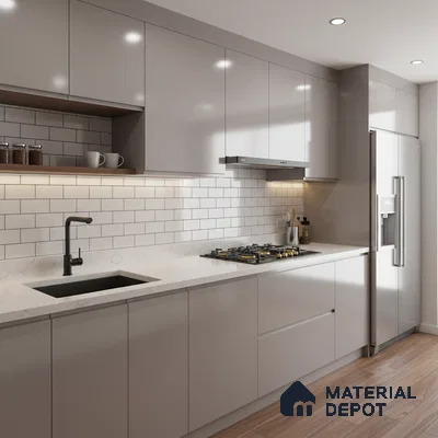 Modern kitchen with glossy taupe laminate cabinets, white marble-look quartz countertop, and white subway tile backsplash in Bengaluru