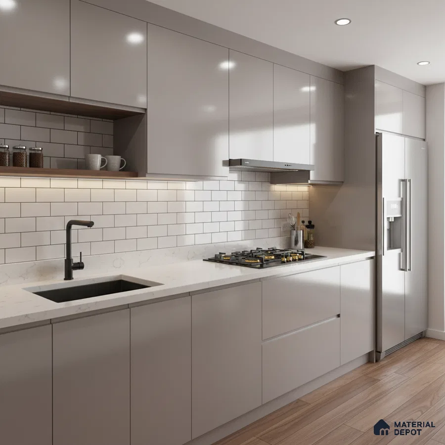 Modern kitchen with glossy taupe laminate cabinets, white marble-look quartz countertop, and white subway tile backsplash in Bengaluru