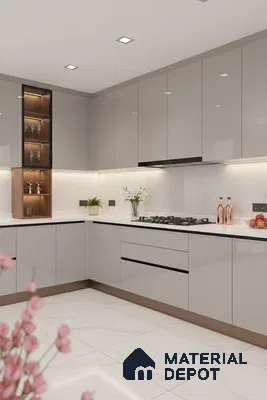 Modern kitchen with glossy taupe laminate cabinets, white quartz countertop, and marble-look floor tiles in Bengaluru