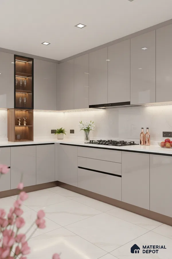 Modern kitchen with glossy taupe laminate cabinets, white quartz countertop, and marble-look floor tiles in Bengaluru