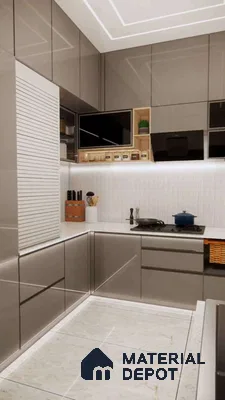 Modern kitchen with glossy taupe laminate cabinets, white quartz countertop, and marble-look floor tiles in Bengaluru | Material Depot