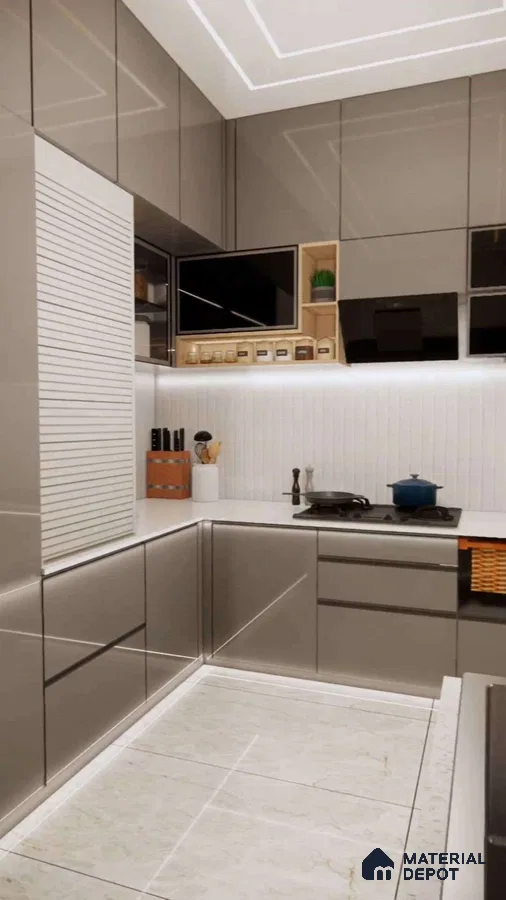 Modern kitchen with glossy taupe laminate cabinets, white quartz countertop, and marble-look floor tiles in Bengaluru | Material Depot