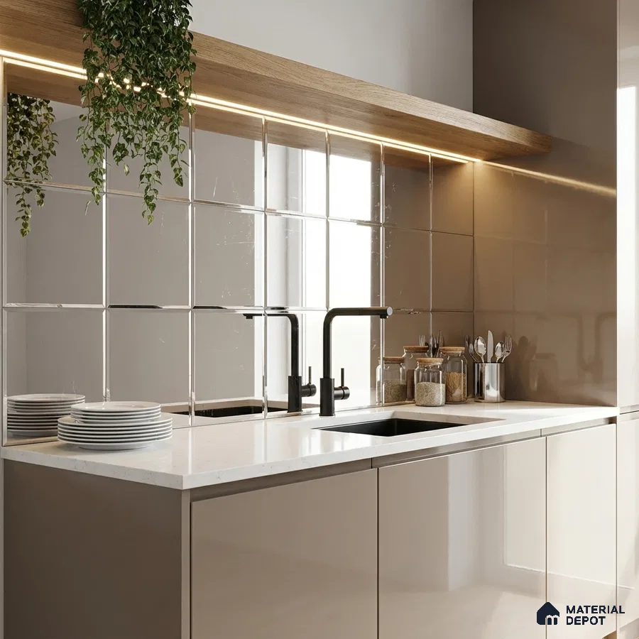 Modern kitchen with glossy taupe laminate cabinets, white quartz countertop, and mirrored backsplash tiles