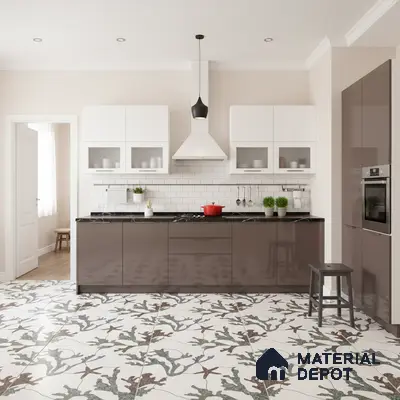 Modern kitchen with glossy taupe laminate cabinets, white subway tile backsplash, and floral patterned floor tiles in Bengaluru