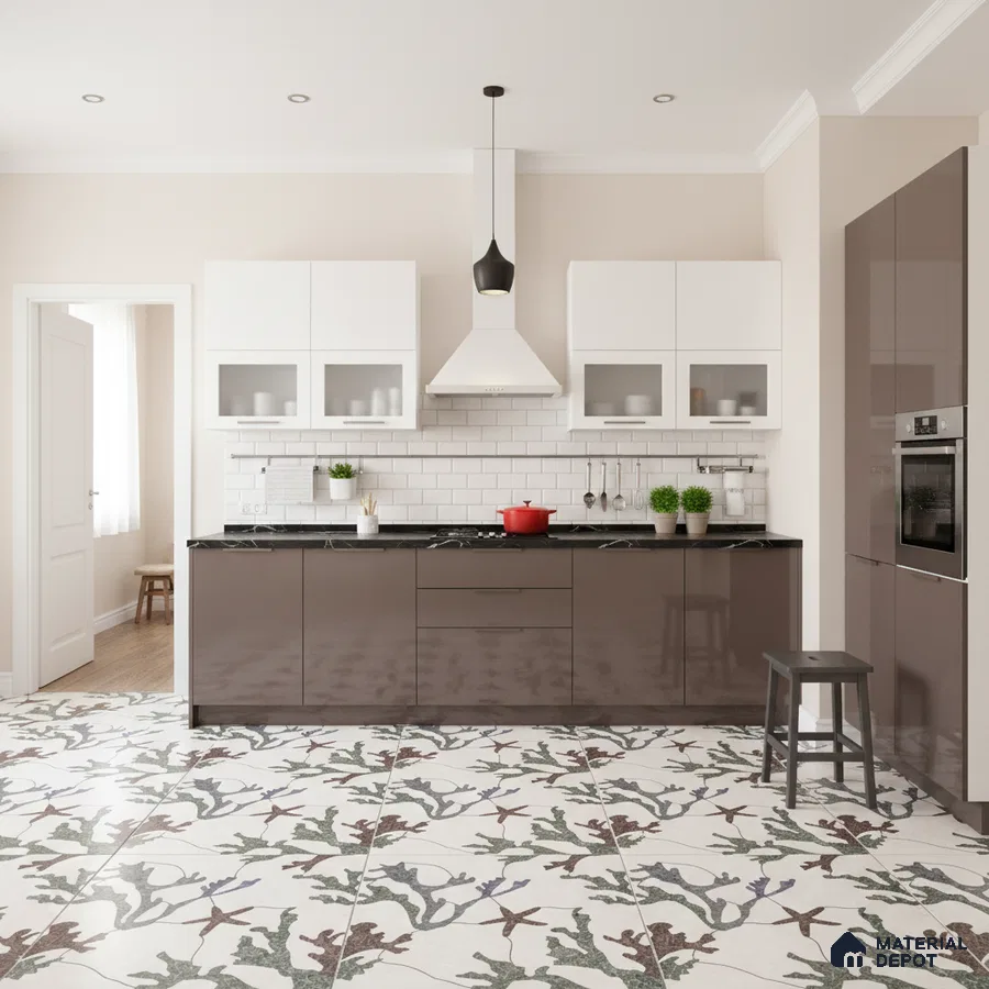 Modern kitchen with glossy taupe laminate cabinets, white subway tile backsplash, and floral patterned floor tiles in Bengaluru
