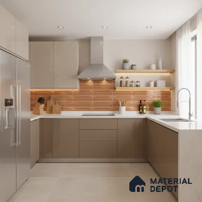 Modern kitchen with glossy taupe laminate, terracotta geometric backsplash tile, and white quartz countertop in Bengaluru