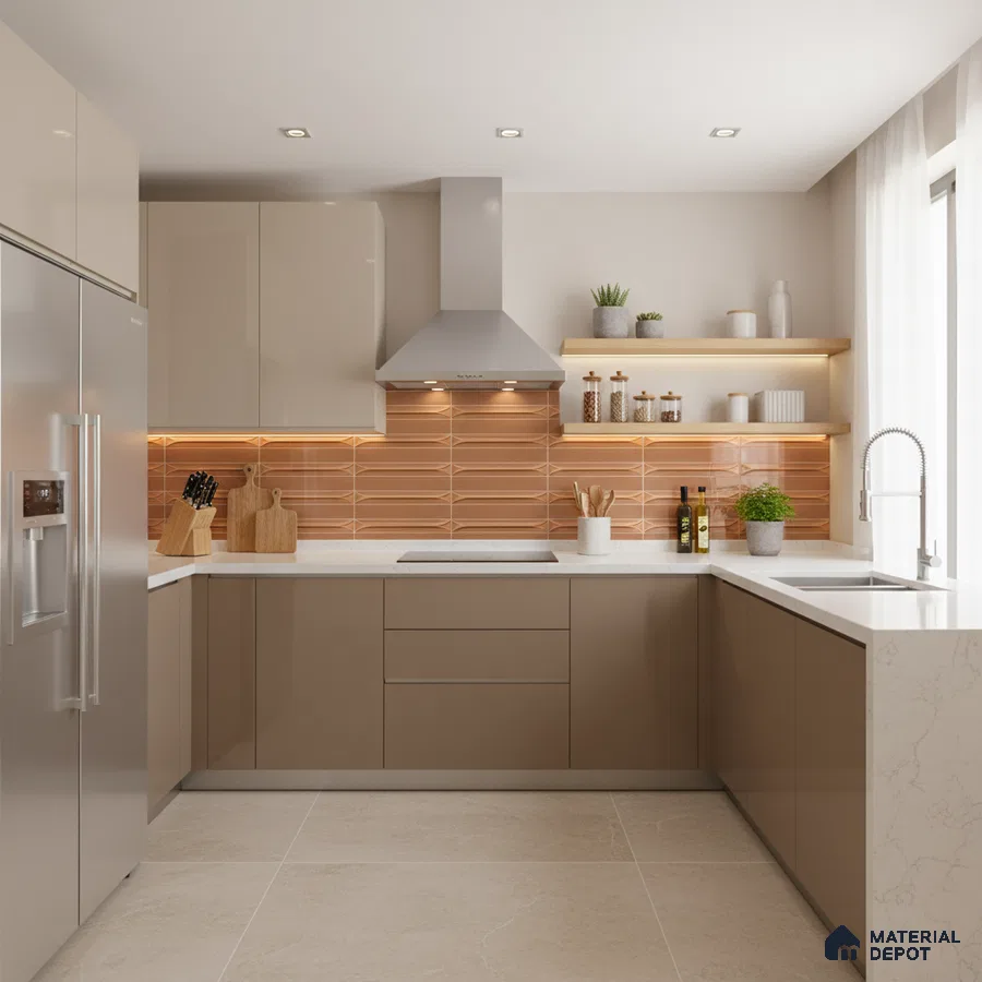 Modern kitchen with glossy taupe laminate, terracotta geometric backsplash tile, and white quartz countertop in Bengaluru