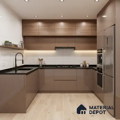 Modern kitchen with glossy taupe laminate, walnut wood laminate, and black quartz countertop in Bengaluru