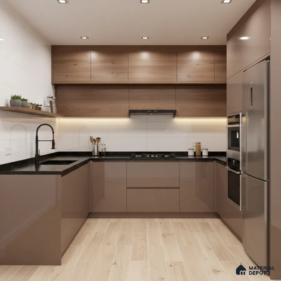 Modern kitchen with glossy taupe laminate, walnut wood laminate, and black quartz countertop in Bengaluru