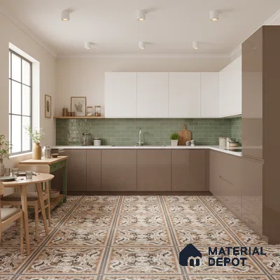 Modern kitchen with glossy taupe laminate, white laminate, green subway tile backsplash, and patterned floor tiles in Bengaluru